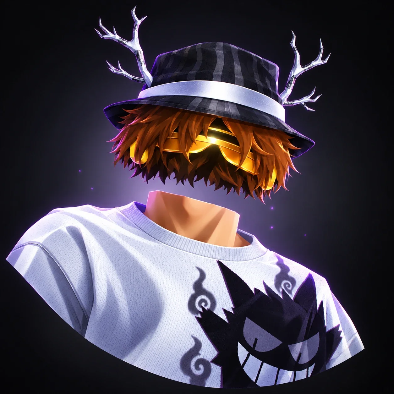 Deltaful's Roblox avatar: a striped bucket hat with white antlers, orange hair and a glowing gold visor floating above a white tee with a grinning ghost print